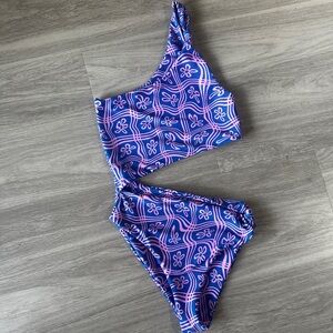 Skatie Nicole One Piece Swimsuit Hermosa Sz Small Cutout Knots Pink Purple Blue